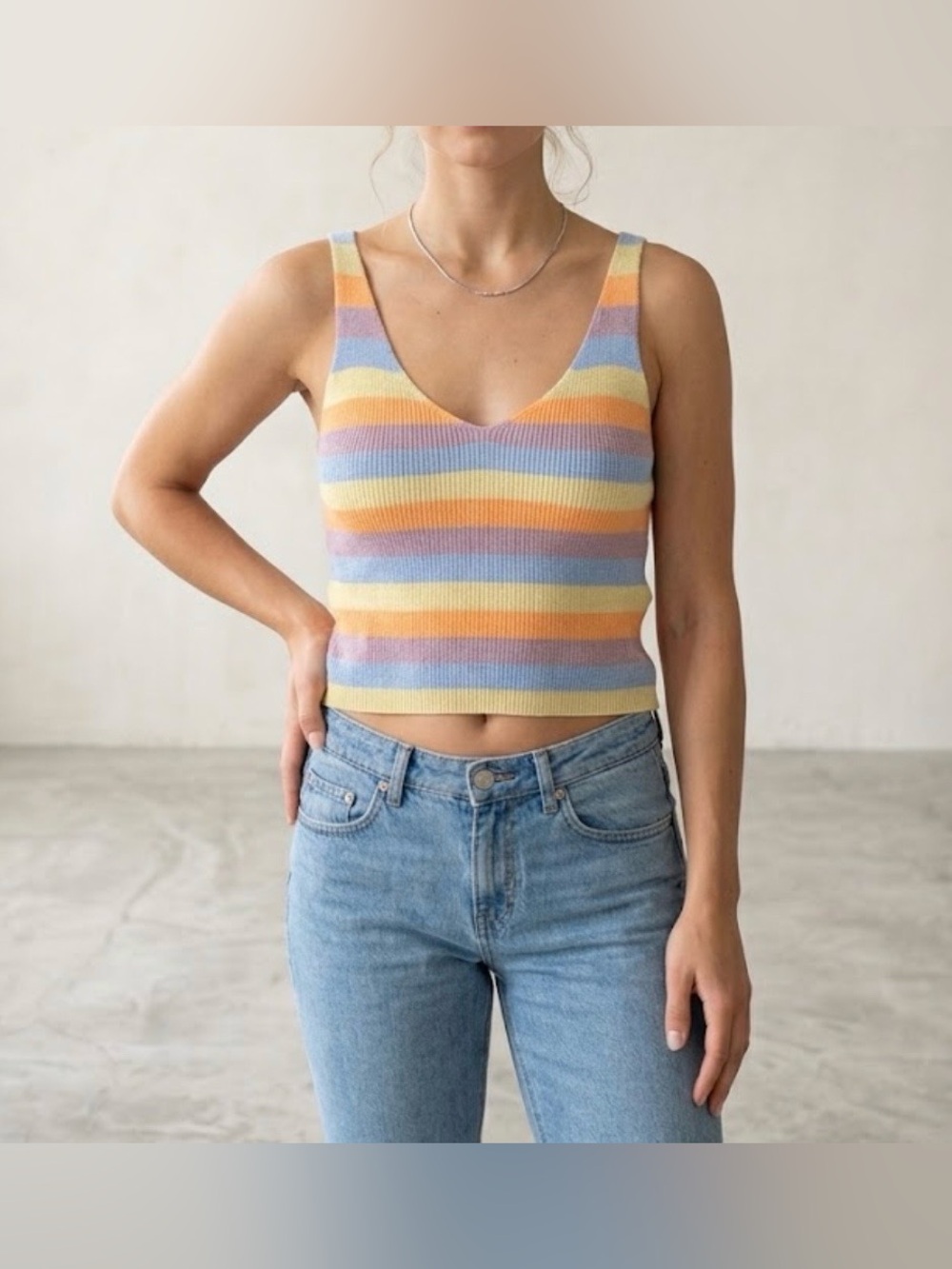 RVCA Rainshadow Sweater Tank Top Womens L Large Pastel Striped Cotton Knit Crop
